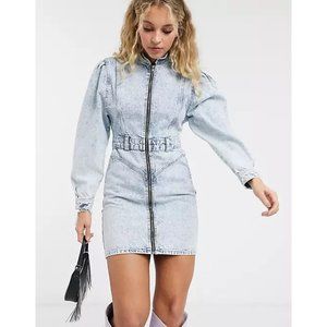 TOPSHOP Acid Wash Puff Poofy Shoulder Long Sleeve Mini Zipper Dress 80s 90s